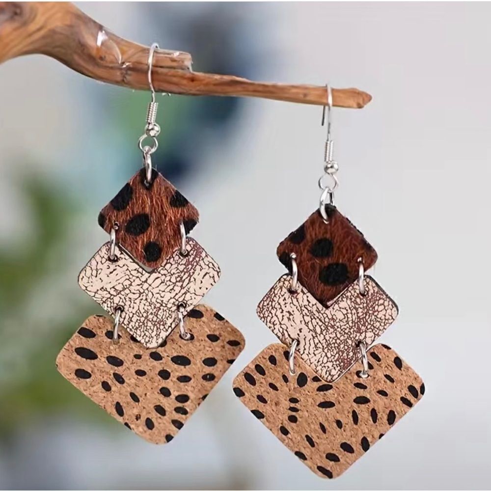 Polka dot layered cow print dangle earrings, Boho earrings, gold/black, leopard